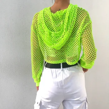 Darlingaga Streetwear Neon Zelená Sieťovina Mesh Hornej Ženy Tričko Pohľadu Halena Dlhý Rukáv dámske tričká Sexy Tričko Ostrihané