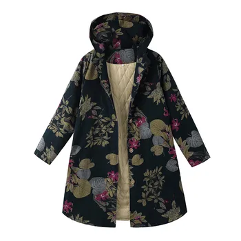 Ženy Tlačidlo Kabát Vintage Kapucňou Zimné Ženy Coats Dlhý Štýl, Dámy Plus Veľkosť Kabát Tlačidlo Kvetinový Dlhý Rukáv Kabát