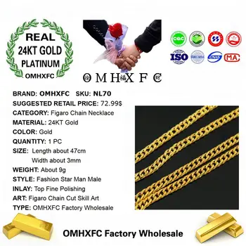 MHXFC Veľkoobchod Európskej Módy Muž Muž Strany Svadobný Dar Dlho 47 cm Široký 3 mm Plochý Figaro Reálne 24KT Zlata Reťazca Náhrdelník NL70