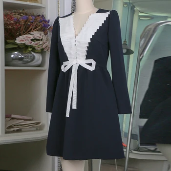 AELESEEN Dráhy Módne Ženy Šaty tvaru Jar Jeseň Dlhý Rukáv Skladaný Luk Patchwork Office Dámske Elegantné Šaty