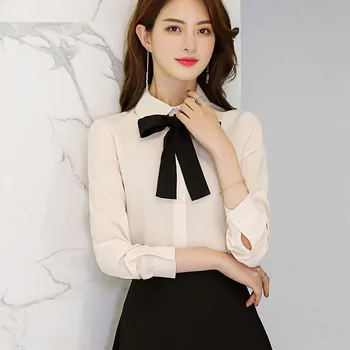 Na Jeseň Roku 2019 Ženy Bežné Biela Blúzka Kórejský Dlhý Rukáv Tričko Slim Luk Ženy Oblečenie, Streetwear Tričko Office Ženy Letné Topy