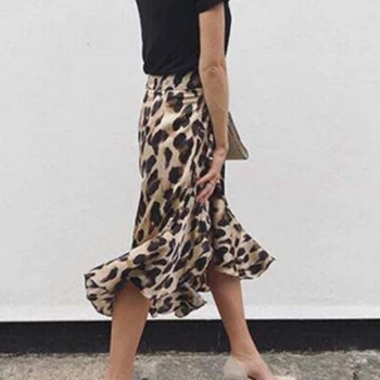 Ženy Sexy Leopard Sukne Zábal Asymetrické Teľa Dĺžka Sukne Dámske Letné Bežné Vysoký Pás Slim Sundress