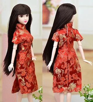 Bábika Príslušenstvo Červený Kvet Ručné Šaty Pre Barbie Cheongsam Čínske Tradičné Šaty Vestido Qipao Večerné Šaty