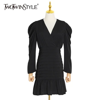 TWOTWINSTYLE Black Ruched Šaty Pre Ženy V Krku Lístkového Dlhý Rukáv Vysoký Pás Riadok Elegantné Šaty Žena 2020 Jarná Móda
