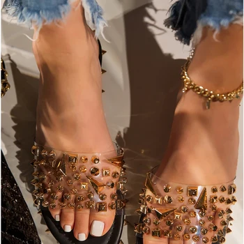 Letné módy nit dámske papuče ploché pláži papuče transparentné ploché topánky ženy lesklé sandále