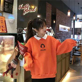 Falošné dvoch-dielny nadrozmerné ženy mikina plus veľkosť kórejský štýl hoodie Bežné Pulóvre voľné harajuku streetwear oblečenie