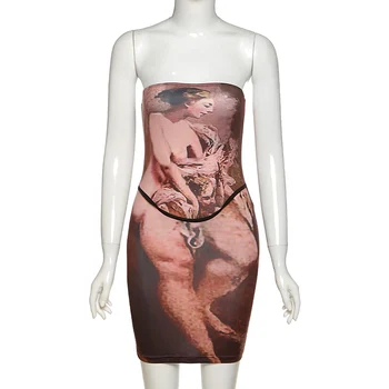 Hirigin Sexy Mimo Ramenný Bodycon Šaty Ženy Ročník Tlače Večierok Ženské Šaty bez Ramienok Mini Slim Plášť Dresse 2021