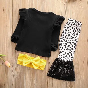 Pudcoco Baby Dievčatá Oblečenie Nastaviť Deti Volánikmi Čierne Tričko S Dlhým Rukávom Topy + Leopard Horela Sequin Nohavice Nohavíc Oblečenie