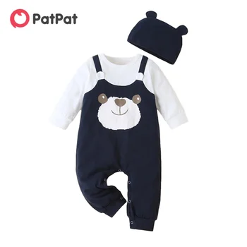 PatPat 2021 Nový Príchod Jeseň a v Zime 2-kus Baby Bear Faux-dva Zvierat Dieťa Remienky Jumpsuit s Klobúk Detské Oblečenie