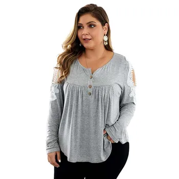 Plus Veľkosť XL-4XL Príležitostné Voľné Ženy T-Shirt Pevné Čipky Patchwork Duté Out Ženský Čaj Topy W507