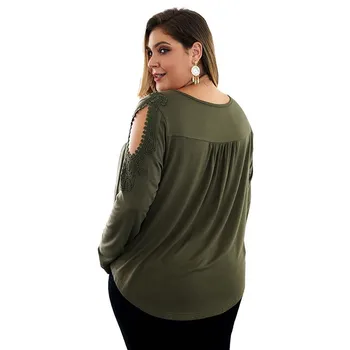 Plus Veľkosť XL-4XL Príležitostné Voľné Ženy T-Shirt Pevné Čipky Patchwork Duté Out Ženský Čaj Topy W507