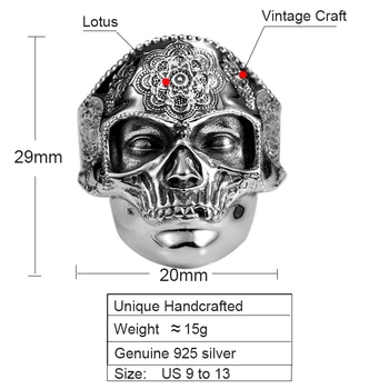 ZABRA Gotický Lotus Maska, Veľké Lebky Krúžok Pre Mužov Nastaviteľné Reálne 925 Sterling Silver Vintage Puk Rock, Hip-Hopu, Biker, Prstene, Šperky