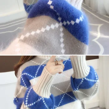 Móda pol turtleneck prekladané patchwork pletené pulóvre ženy Príležitostné voľné Napodobňované noriek sveter Zime teplé dlhý rukáv