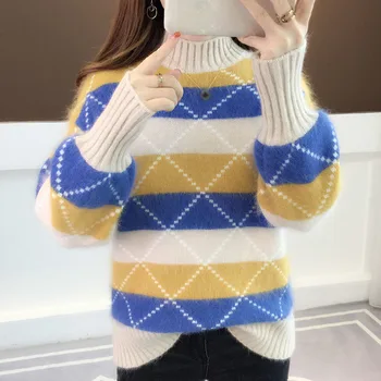 Móda pol turtleneck prekladané patchwork pletené pulóvre ženy Príležitostné voľné Napodobňované noriek sveter Zime teplé dlhý rukáv