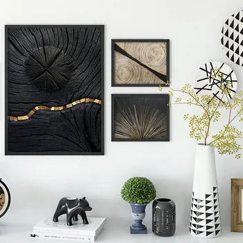 Abstrakt Retro Čierne Zlato, Drevo, Zrno Umenie Geometrické Línie Textúra Tlač Plátne, Plagát, Obývacia Izba, Spálňa Nordic Maľovanie
