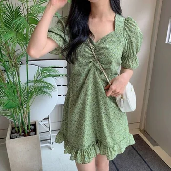 Južná Kórea Elegantné Šaty Predaj Hot Ženy Flhjlwoc Štýl Rozstrapatené Svieži Zelený Kvetinový Tlač Zavesené Šaty Vintage Vestidos femme