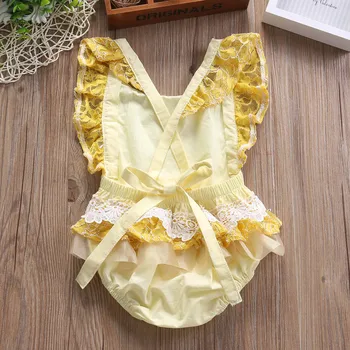 Detská Baby Dievčatá Žltá Čipky Vytlačené Novorodenca Jumpsuit Oblečenie Kombinézu