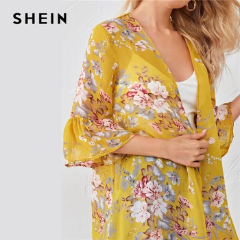 SHEIN Flounce Rukáv Otvoriť Predné Kvetinový Tlač Šifón Kimono Ženy Lete dlhým vlascom Top Ladies Boho Úplnej Kimonos
