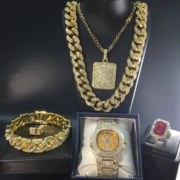 Luxusné Mužov Watch & Náhrdelník & Náramok & Krúžok & Náušnice Kombinovaný Set Ľadu Z Kubánskej Crystal Miami Reťazca Hip Hop Šperky Pre Mužov