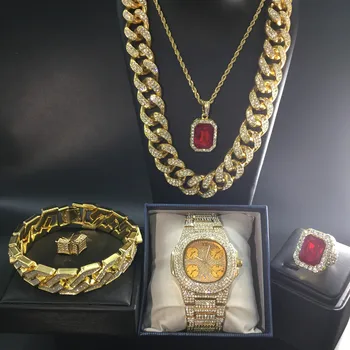Luxusné Mužov Watch & Náhrdelník & Náramok & Krúžok & Náušnice Kombinovaný Set Ľadu Z Kubánskej Crystal Miami Reťazca Hip Hop Šperky Pre Mužov