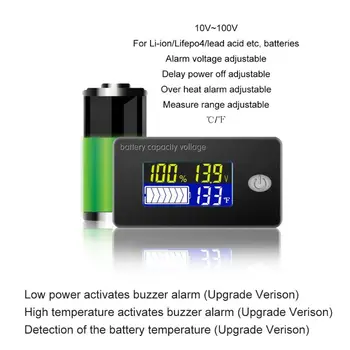 Inovovaný Kapacita Batérie Indikátor s Napätím Alarm & Teplomer DC 10-100V Li-ion Lifepo4 Olovené Batérie Monitor