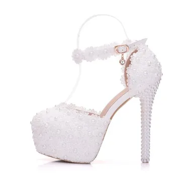 14 cm biele čipky svadobné topánky dámske kole vedúci platformy topánky veľkosť 40 41 vysoké podpätky, topánky, svadobné topánky kvet korálky čerpadla