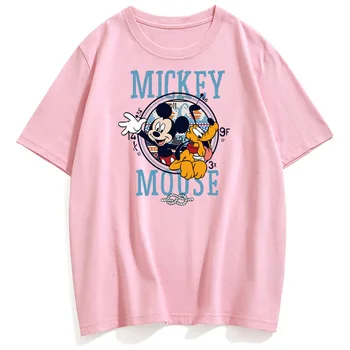 Disney Roztomilý Mickey Mouse Pluto Cartoon List Tlač Páry Unisex Ženy T-Tričko Bavlnené Tričko Krátky Rukáv O-Krku Topy 10 Farieb
