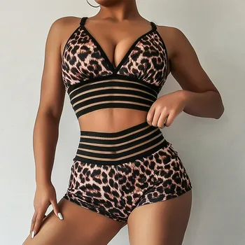 Leopard Oka Fitness Nastaviť Čalúnená Plodín Top + Vysoký PÁS Sexy Šortky Jogy Vyhovovali Ženy Cvičenie Oblečenie Športové Odevy oblečenie Telocvičňa Sady
