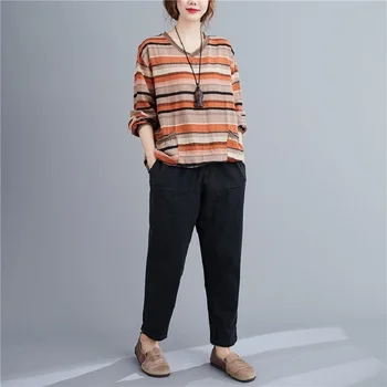 Kórejský štýl, bavlnená posteľná bielizeň plus veľkosť vintage prúžok jeseň príležitostné voľné tee tričko ženy t-shirt dámy tshirt oblečenie 2021 topy
