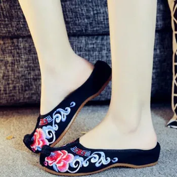 Vyšívané Ženy Papuče Backless Ploché Topánky Dámy Vintage Mokasíny Čínsky Štýl Listov Pláži Flip Flops Plátno Topánky Mule
