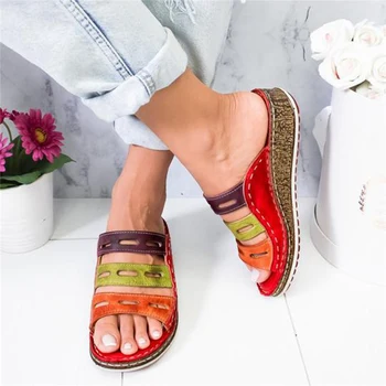 Letné Ženy Papuče RomeRetro Troch farieb Ležérne Topánky Hrubé Dno Otvorené Prst Sandále Pošmyknúť Na Diapozitívy, rýchle dodanie