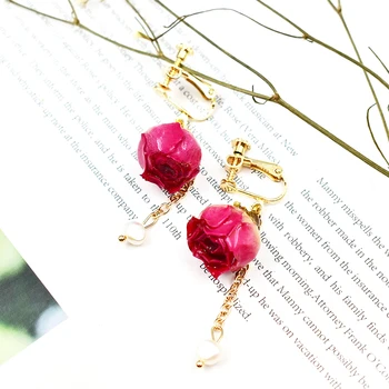 1Pair Prírodné Sušené kvety Náušnice Zlaté Pink Rose Petal Ženy Drop Náušnice Strany Skutočný Suché Kvetinové Šperky