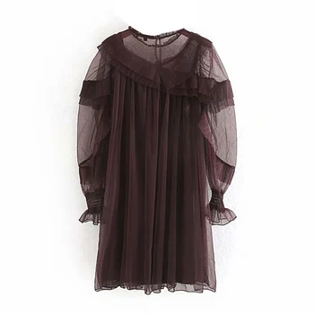 Aachoae 2020 Pevné Čipky Sieťované Mini Šaty Žien Rozstrapatené Motýľ Dlhý Rukáv Skladaný Šaty Vidieť Cez Elegantné Šaty Žena