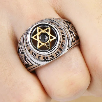 Jerusalem Gold Star David Krúžok Mužov z Nehrdzavejúcej Ocele Obsidian Náboženské Judaizmus v Izraeli Šperky Krúžok David Star Krúžky