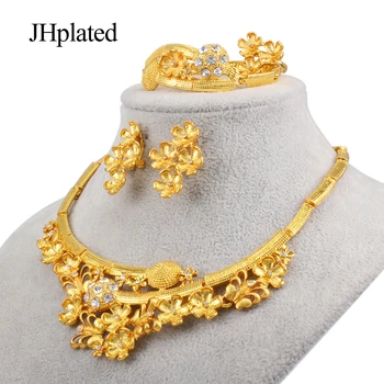 Indický Luxusný zlatá farba Šperky sady Dubaj Afriky nevesta svadobné collares Náhrdelníky náušnice, prsteň náramok set pre ženy, darčeky
