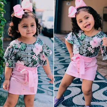 Dieťa Dieťa Dievča Oblečenie Nastaviť Kvetov Vytlačené Krátky Rukáv Romper Topy + Pink Mini Sukne Letné Oblečenie 1-4 Roky Batoľa Oblečenie