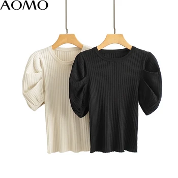 AOMO kórea elegantné ženy lete sveter lístkového krátky rukáv ročníka dámy pletené jumper topy AI03A