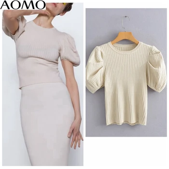 AOMO kórea elegantné ženy lete sveter lístkového krátky rukáv ročníka dámy pletené jumper topy AI03A