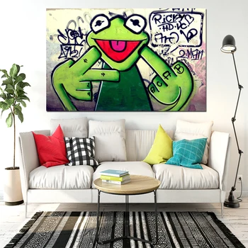 Street Graffiti Art Žabiak Kermit Prst Plagát, Tlač Plátno Na Maľovanie Živočíšneho Oleja Maľovanie Obrazov Na Stenu Pre Obývacia Izba Bez Rámu