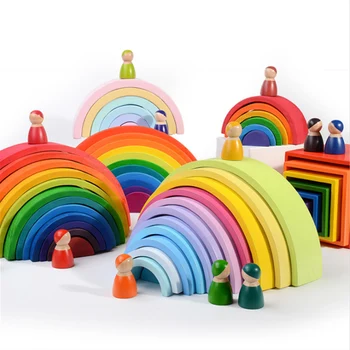 Drevené Rainbow Drevené Bloky na skladanie hračiek grimms rainbow Dreva, Stavebné Bloky, Farebné dúhy Deti detské Vzdelávacie Hračka
