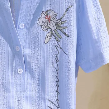 Letná Blúzka Ženy 2020 Tričko Topy Bavlna Kórejský Štýl Kvetinový Vyšívané Krátky Rukáv Office Dámy Bežné Plus Veľkosť Oblečenie