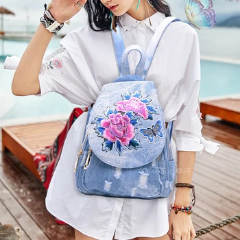 Luxusný batoh denim ženy crystal bežné kvetinové výšivky taška cez rameno módne školské batohy teenager, cestovné dizajnér vysoká