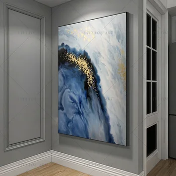 Ručne vyrábané Farebné Modré Nástenné Maľby Moderné Abstraktné olejomaľba na Plátne, Ručne Maľované Krásy Domova Obrázok