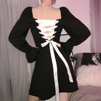 A - line Šaty Žien Oblečenie 2020 Long-Sleeve Vysoký pás Šaty Späť Krížové Popruhy Malé Čierne Šaty vintage Šaty Elegantné 575i