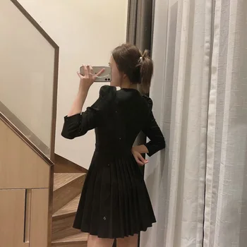 Bežné Skladaný Čierne Mini Šaty Žien Za 2020 Dlhý rukáv Štvorcového tvaru Krátke Šaty Žena Módy Elegantné Dámske Šaty