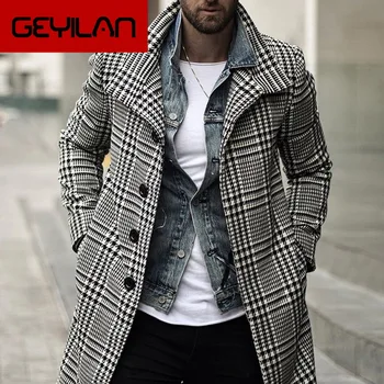 Kórejský Mužov Coats Kabát Muž Zime Teplé Oblečenie, Vlna Outwear Dlhé Čierne Biele Kockované Zmesi Mužský Kabát Plus Veľkosť