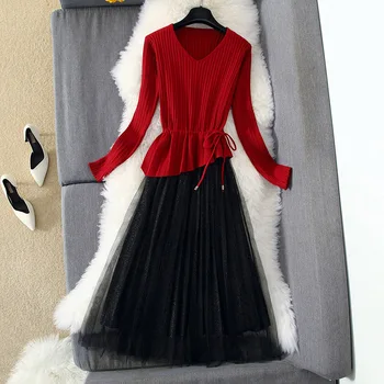 Jesenné Zimné Šaty 2020 Ženy Šnúrkou tvaru Oka Čipky Pletené Červený Dlhý Rukáv Slim Dlho Midi Skladaný Šaty Jar