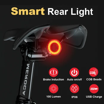 Smart Bicykel Zadné Svetlo Auto Štart/Stop Brzdy Senzor Bicykli Svetlá IPX6 Nepremokavé USB Nabíjateľné Cyklistické zadné svetlo Na Bicykel
