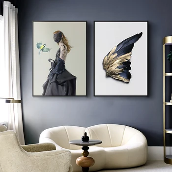 Moderné Módne Angel Girl Plátno na Maľovanie Zlaté Pierko, Plagát a Vytlačí Nordic Wall Art Dekoratívny Obraz pre Hotel Home Decor