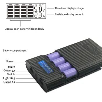 Anti-Reverse DIY Power Bank Box 4x 18650 Batérie, LCD Displej, Nabíjačky Pre iphone